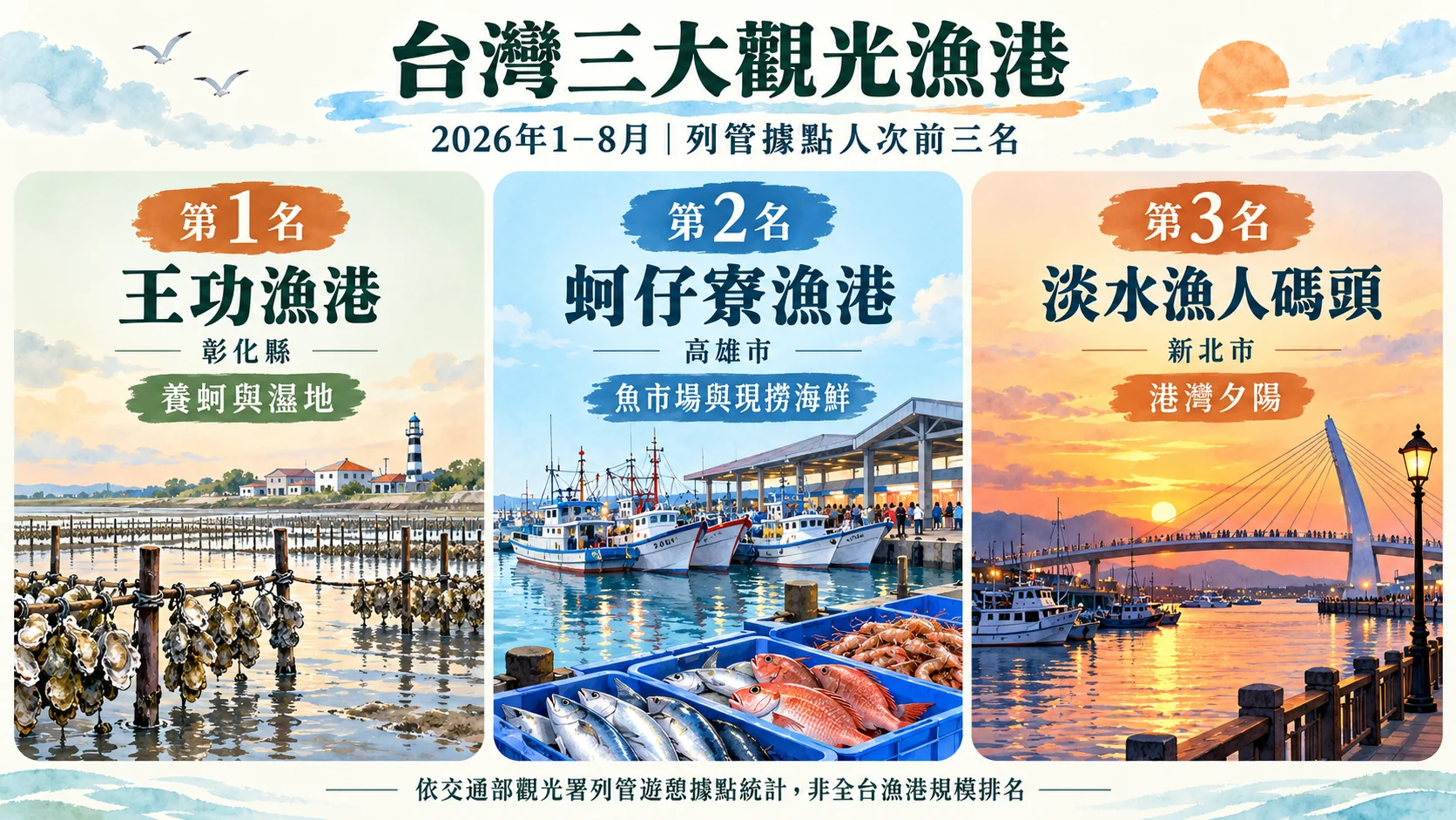 節點卡：2026 年 1–8 月觀光署列管據點人次前三名，第 1 名王功漁港（彰化縣，養蚵與濕地）、第 2 名蚵仔寮漁港（高雄市，魚市場與現撈海鮮）、第 3 名淡水漁人碼頭（新北市，港灣夕陽）