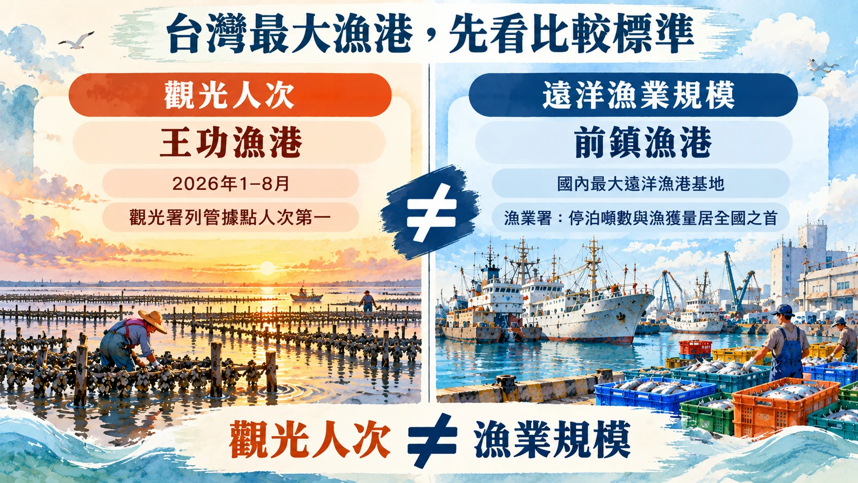節點卡：台灣最大漁港先看比較標準，左側觀光人次為王功漁港（2026 年 1–8 月觀光署列管據點人次第一），右側遠洋漁業規模為前鎮漁港（漁業署稱國內最大遠洋漁港基地），中間為不等於符號，結語「觀光人次 ≠ 漁業規模」