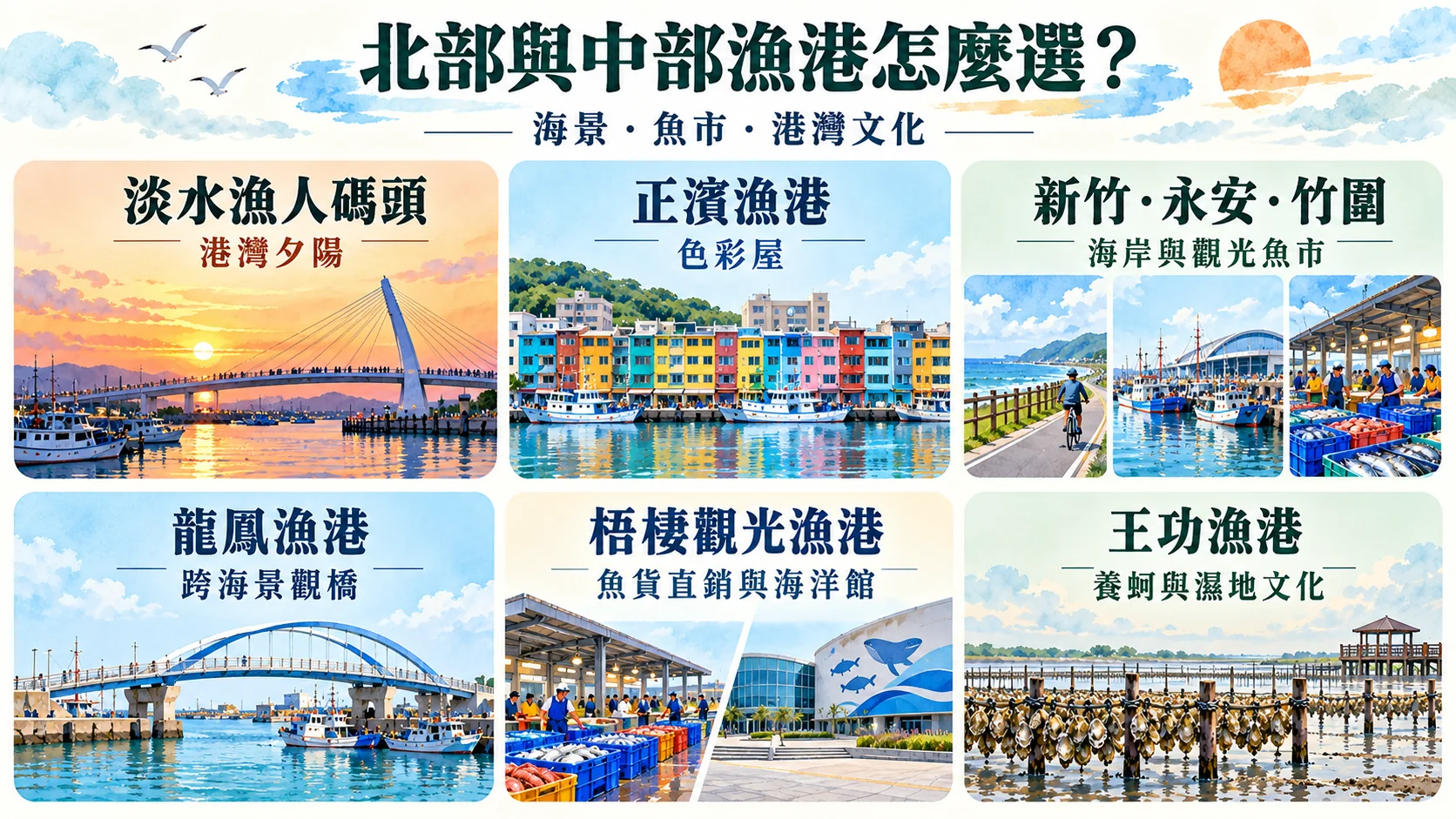 節點卡：北部與中部漁港怎麼選，淡水漁人碼頭港灣夕陽、正濱漁港色彩屋、新竹・永安・竹圍海岸與觀光魚市、龍鳳漁港跨海景觀橋、梧棲觀光漁港魚貨直銷與海洋館、王功漁港養蚵與濕地文化