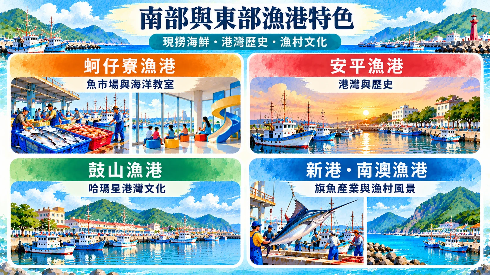 節點卡：南部與東部漁港特色，蚵仔寮漁港魚市場與海洋教室、安平漁港港灣與歷史、鼓山漁港哈瑪星港灣文化、新港・南澳漁港旗魚產業與漁村風景