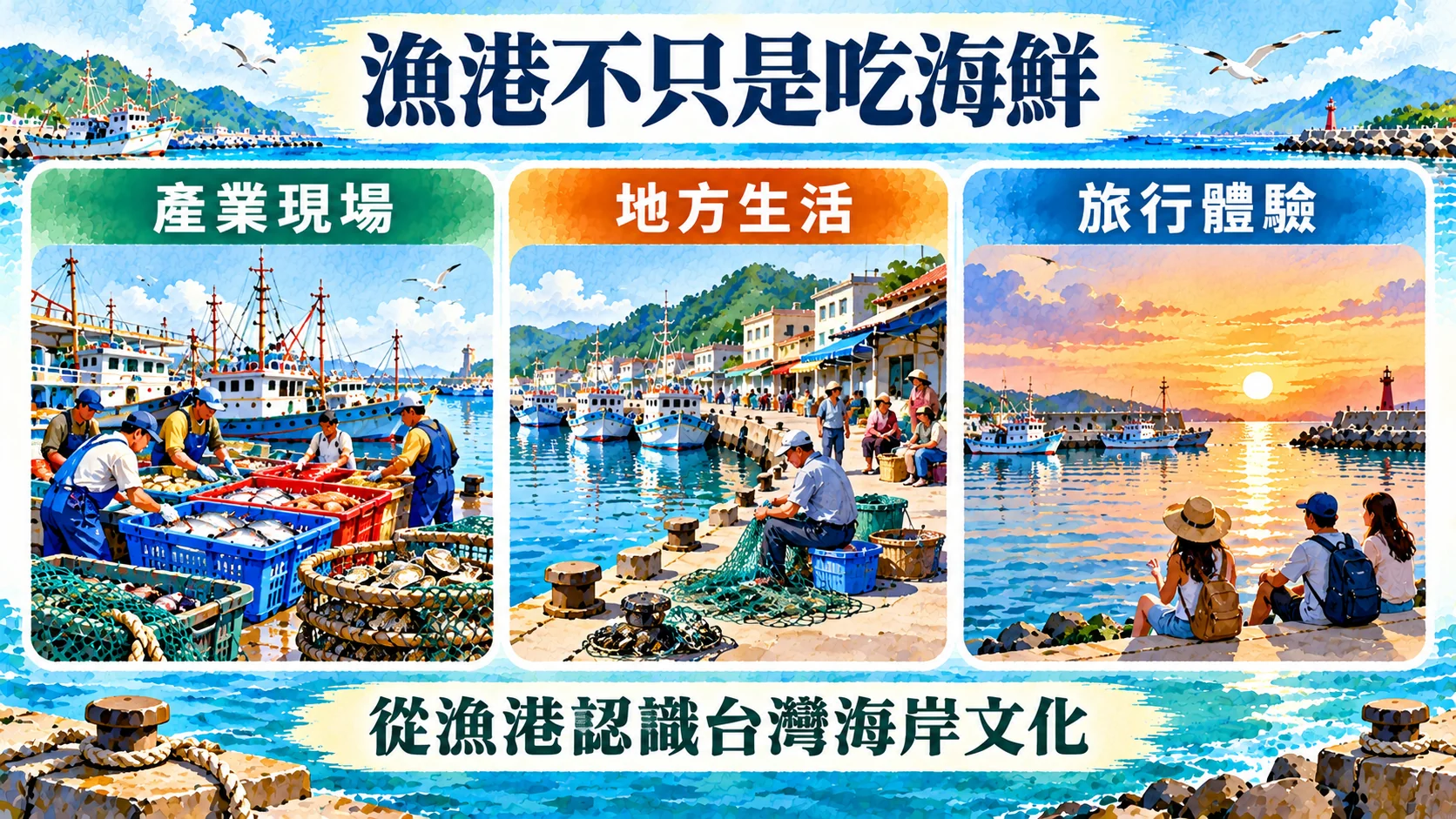 節點卡:漁港不只是吃海鮮,整理產業現場、地方生活與旅行體驗三個面向,結語「從漁港認識台灣海岸文化」