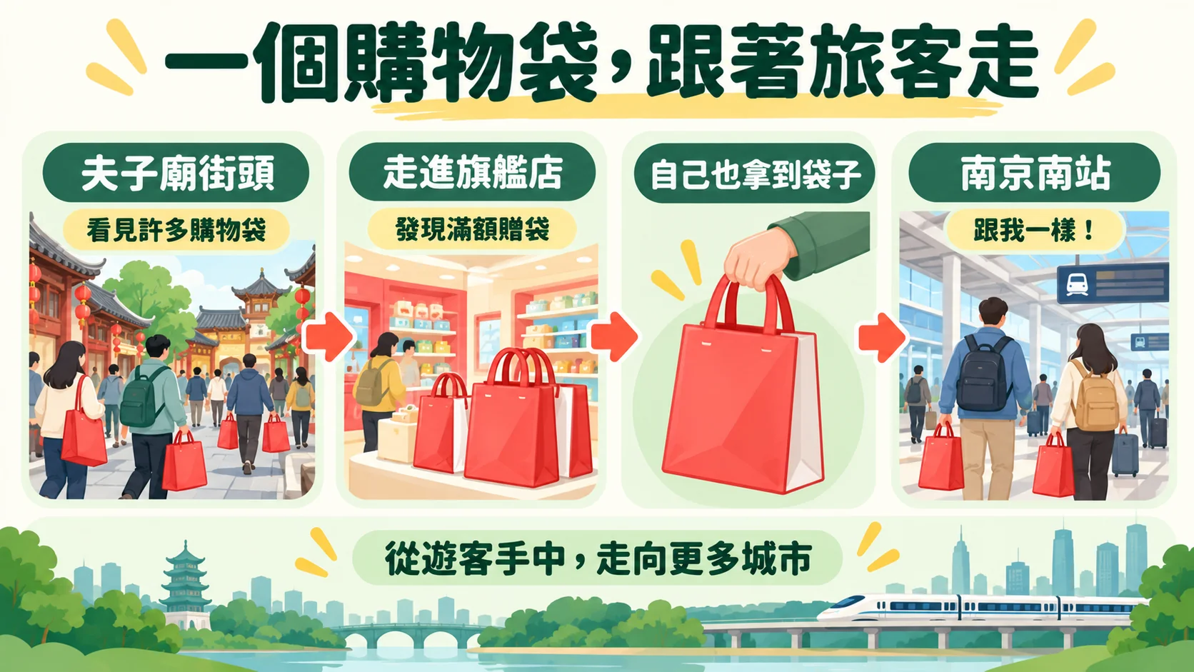 節點卡：一個購物袋跟著旅客走，夫子廟街頭看見許多購物袋、走進旗艦店發現滿額贈袋、自己也拿到袋子、南京南站遇見同款袋子，為作者個人觀察而非統計