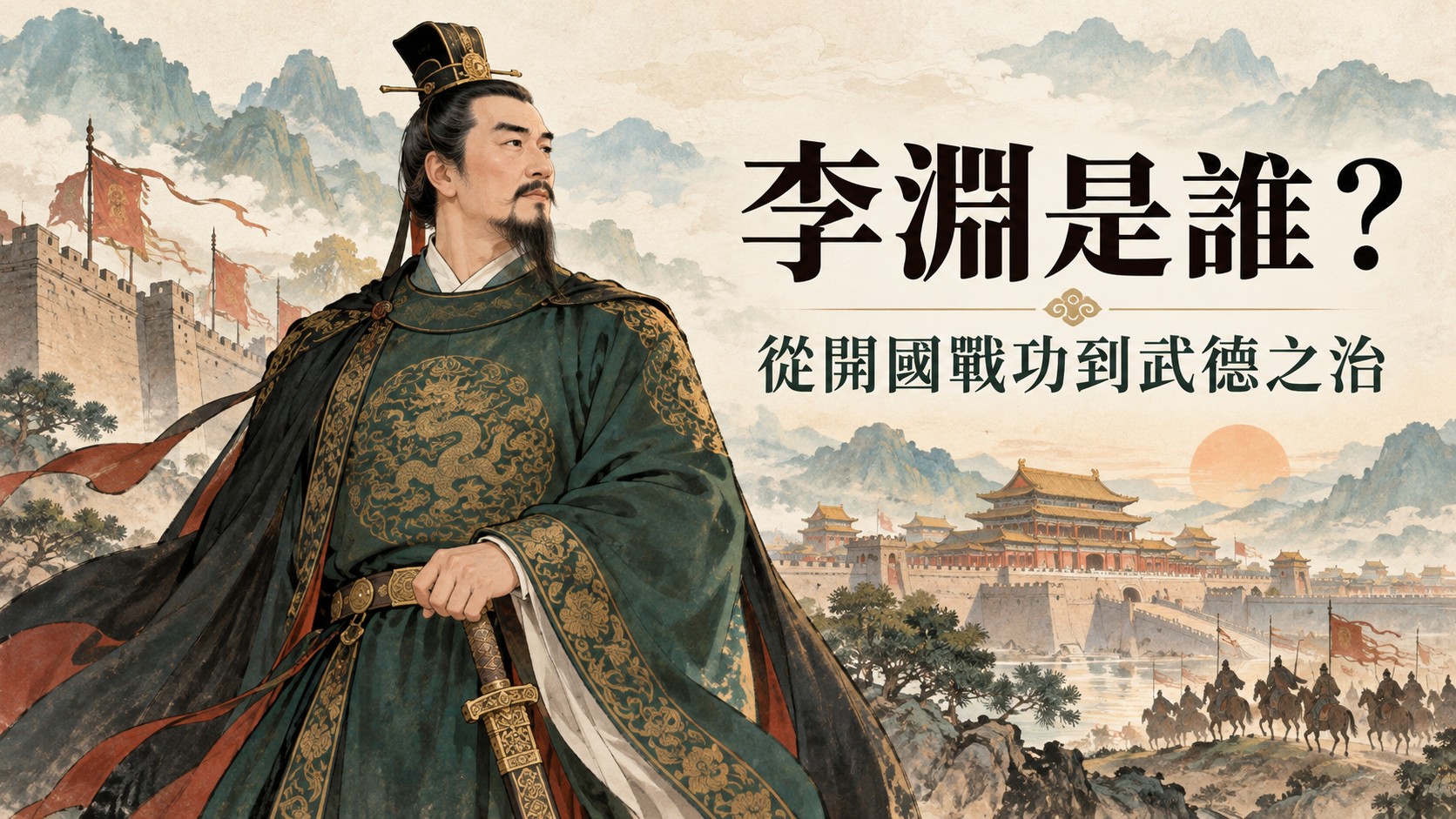 李淵是誰特色圖：古裝人物立於城牆與旗幟前，右側為宮殿與騎兵遠景，標題為「李淵是誰？」與「從開國戰功到武德之治」
