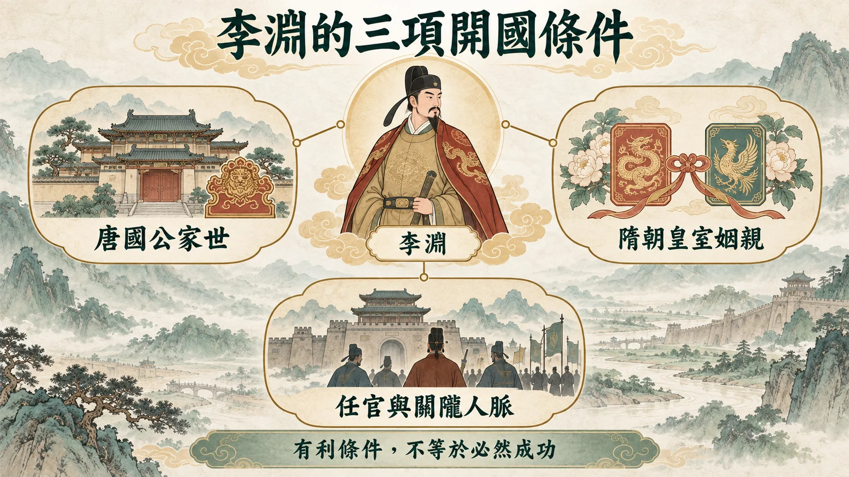 關係卡：李淵的三項開國條件，唐國公家世、隋朝皇室姻親、任官與關隴人脈，結論是有利條件不等於必然成功