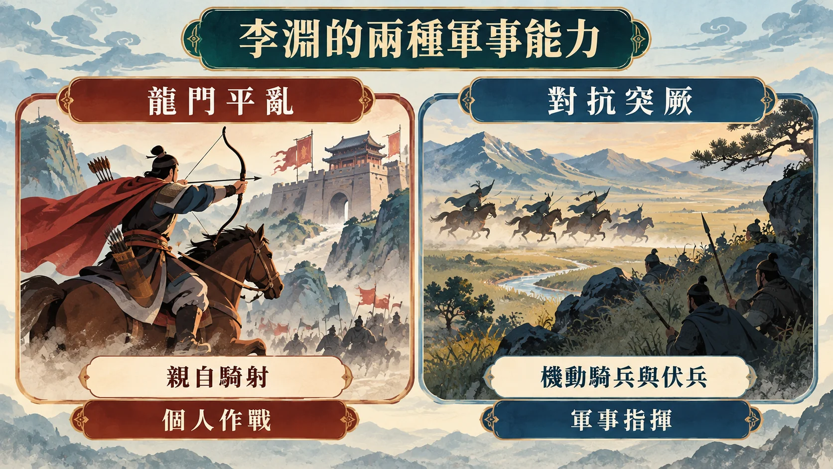 比較卡：李淵的兩種軍事能力，龍門平亂的親自騎射屬個人作戰，對抗突厥的機動騎兵與伏兵屬軍事指揮
