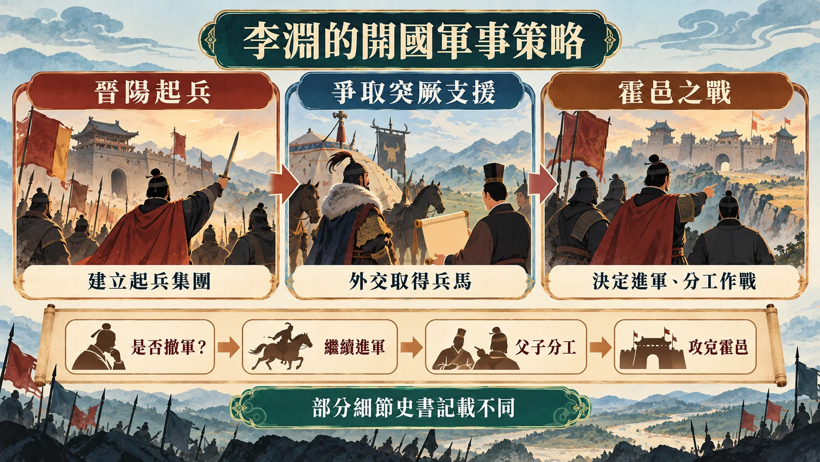 策略流程卡：李淵的開國軍事策略，晉陽起兵建立起兵集團、爭取突厥支援以外交取得兵馬、霍邑之戰決定進軍與分工作戰，並註記部分細節史書記載不同