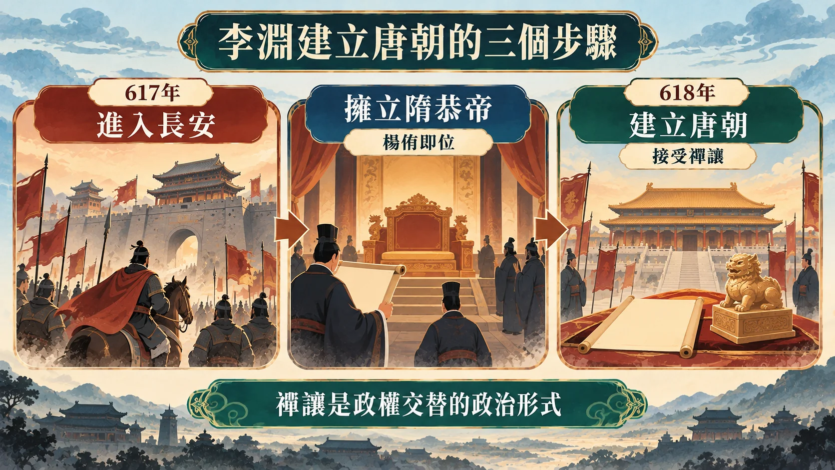 流程卡：李淵建立唐朝的三個步驟，617年進入長安、擁立隋恭帝、618年接受禪讓建立唐朝，說明禪讓是政權交替的政治形式