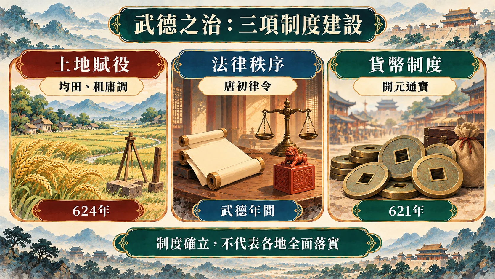 分類卡：武德之治的三項制度建設，624年均田與租庸調、武德年間唐初律令、621年開元通寶，並提醒制度確立不代表各地全面落實