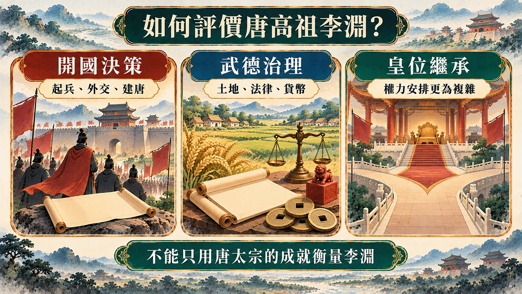總結卡:如何評價唐高祖李淵,從開國決策、武德治理與皇位繼承三個面向,不能只用唐太宗的成就衡量李淵