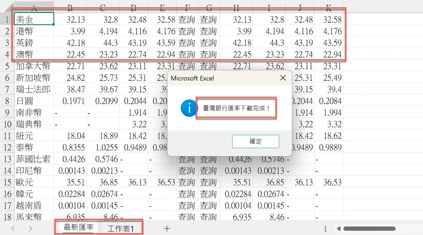 「最新匯率」工作表顯示各幣別匯率並跳出「臺灣銀行匯率下載完成！」訊息，欄位中仍有「查詢」與重複資料