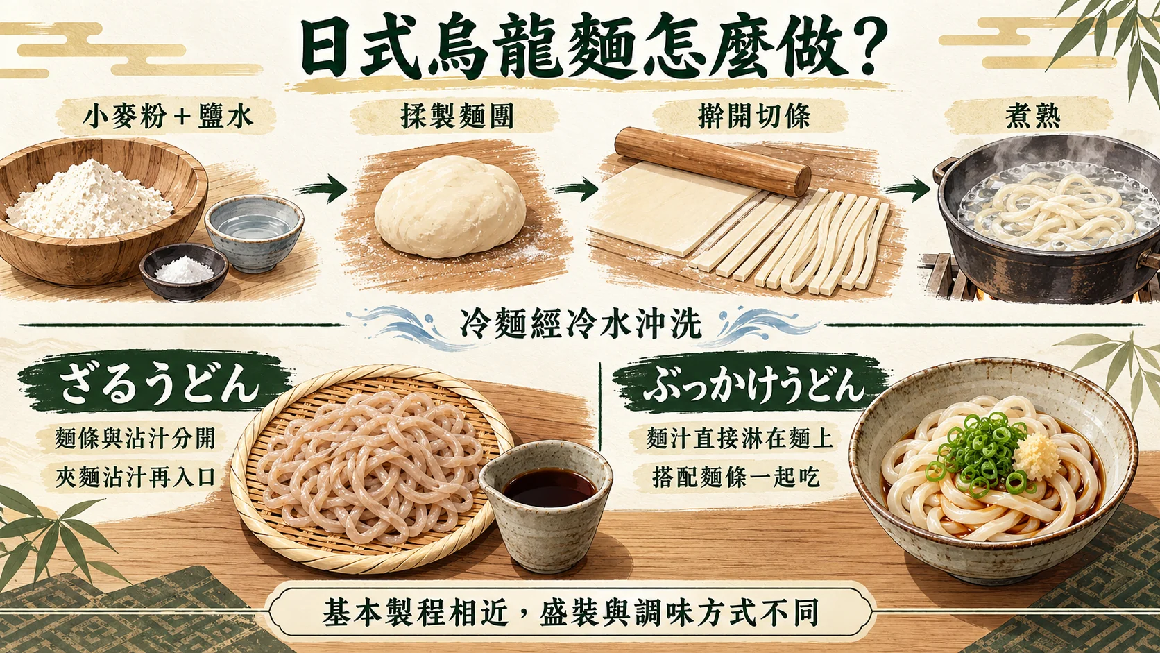比較卡：日式烏龍麵的基本做法是小麥粉加鹽水、揉製麵團、擀開切條、煮熟，冷麵再以冷水沖洗，ざるうどん把麵條與沾汁分開，ぶっかけうどん把麵汁直接淋在麵上