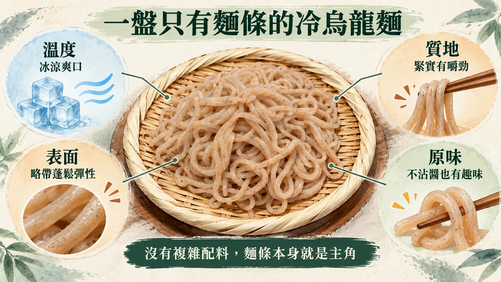 口感整理卡：一盤只有麵條的冷烏龍麵，溫度冰涼爽口、質地緊實有嚼勁、表面略帶蓬鬆彈性、不沾醬也有趣味