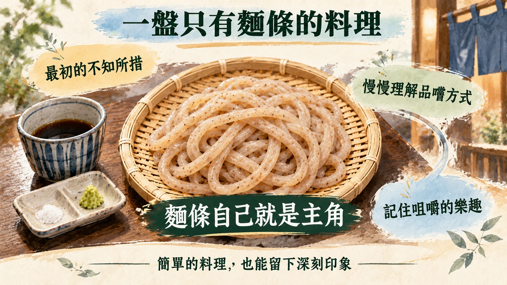 體驗總結卡：一盤只有麵條的料理，從最初的不知所措、慢慢理解品嚐方式，到記住咀嚼的樂趣，麵條自己就是主角