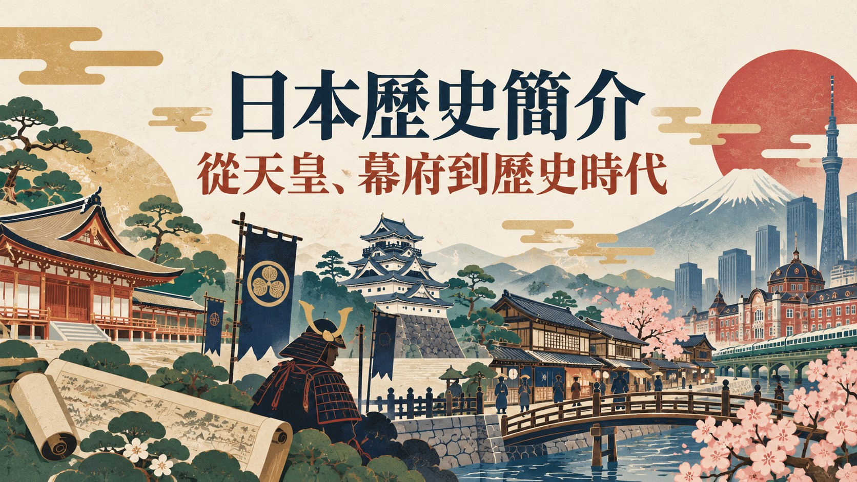 日本歷史簡介特色圖：由左至右呈現古代宮殿、武士與城郭、江戶町屋街道、近現代都市的歷史意象，標題為「日本歷史簡介」「從天皇、幕府到歷史時代」