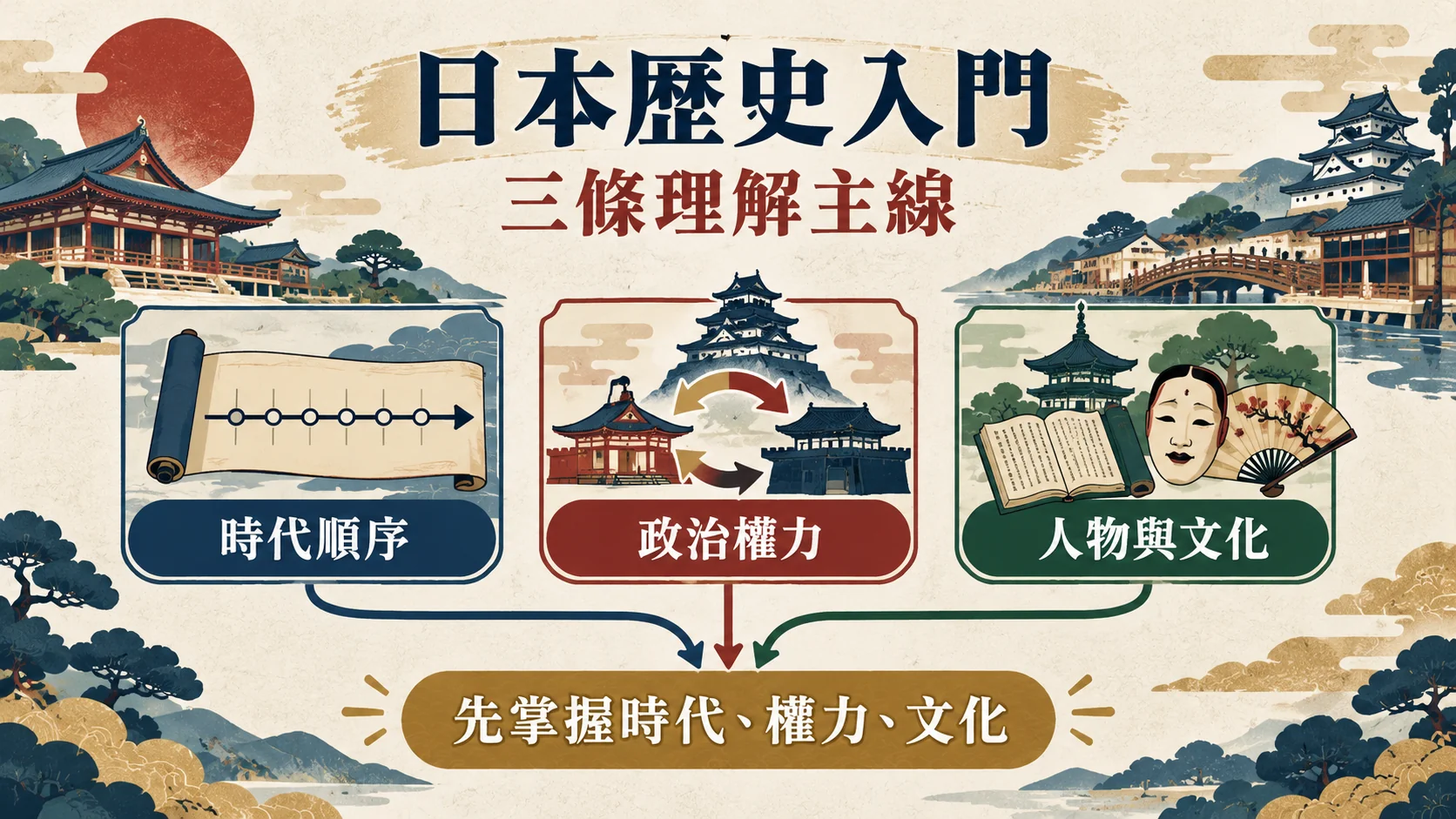 關係卡：日本歷史入門的三條理解主線，時代順序、政治權力、人物與文化，匯整為「先掌握時代、權力、文化」