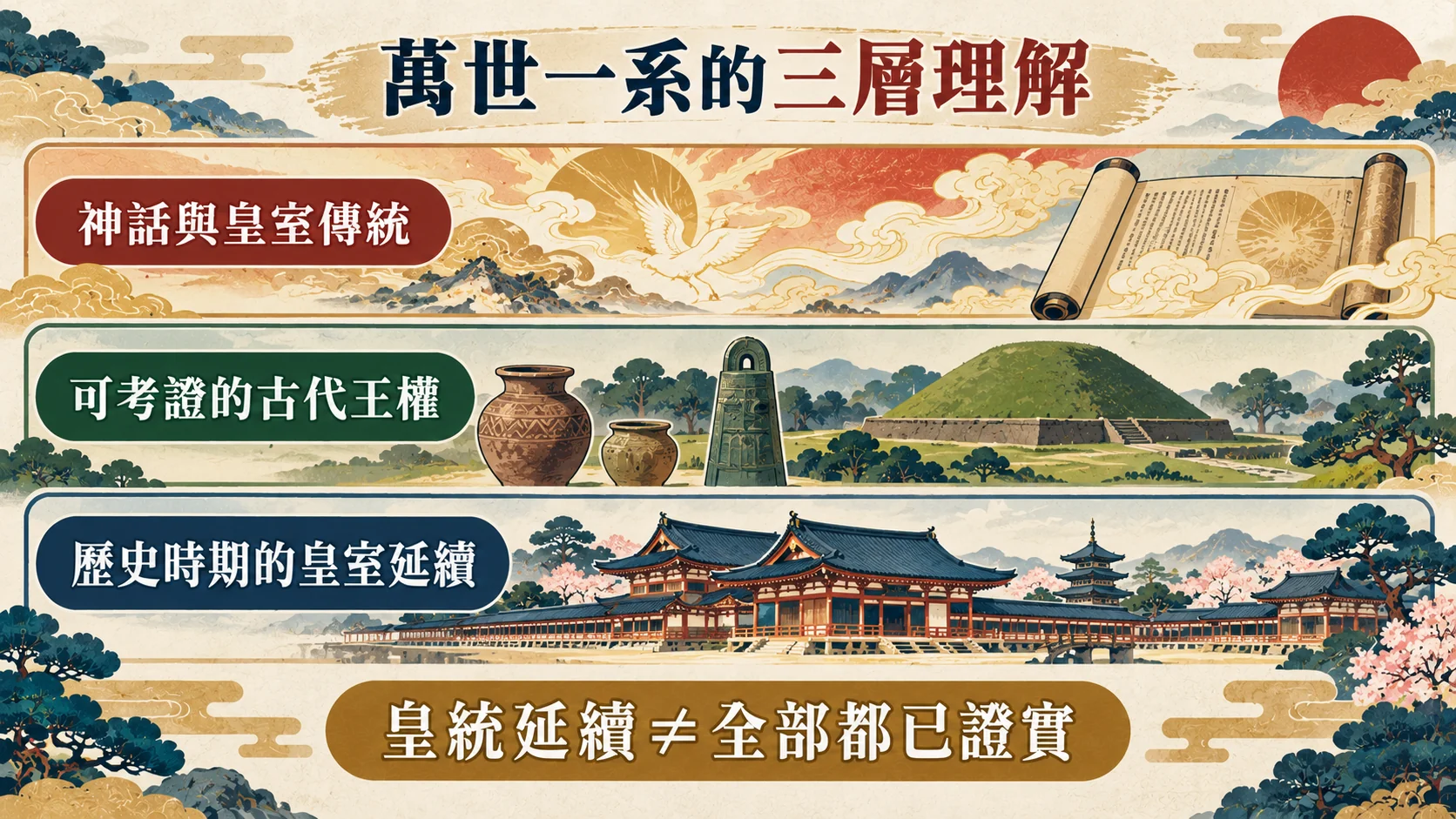 關係卡：萬世一系的三層理解，神話與皇室傳統、可考證的古代王權、歷史時期的皇室延續，結論是皇統延續不等於全部都已證實
