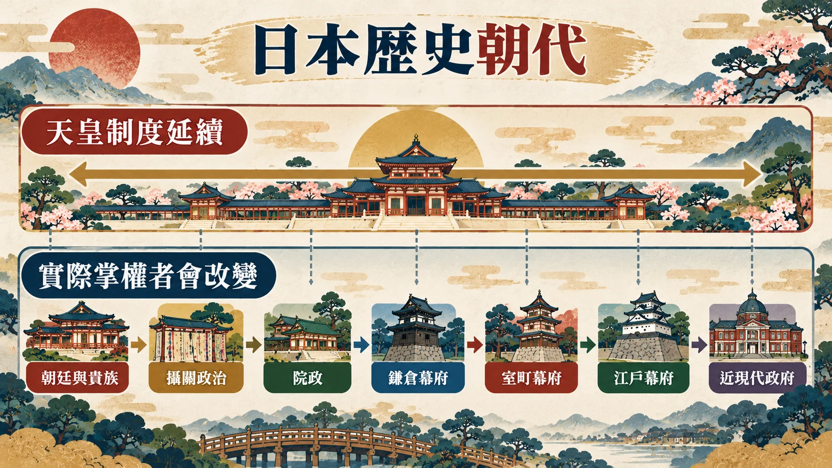 關係卡：天皇制度延續但實際掌權者會改變，依序為朝廷與貴族、攝關政治、院政、鎌倉幕府、室町幕府、江戶幕府、近現代政府