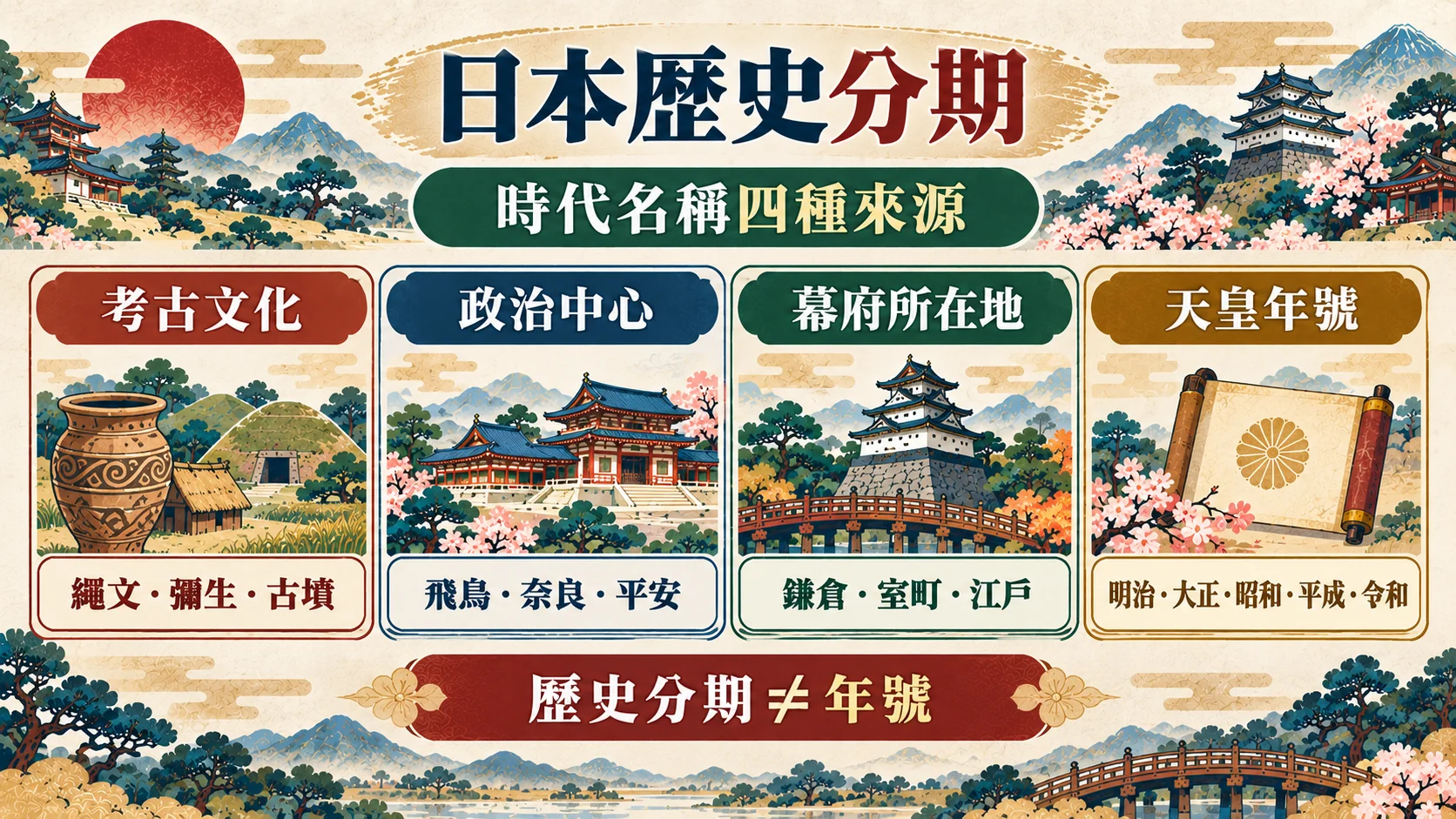 分類卡：日本時代名稱的四種來源，考古文化、政治中心、幕府所在地與天皇年號，歷史分期不等於年號