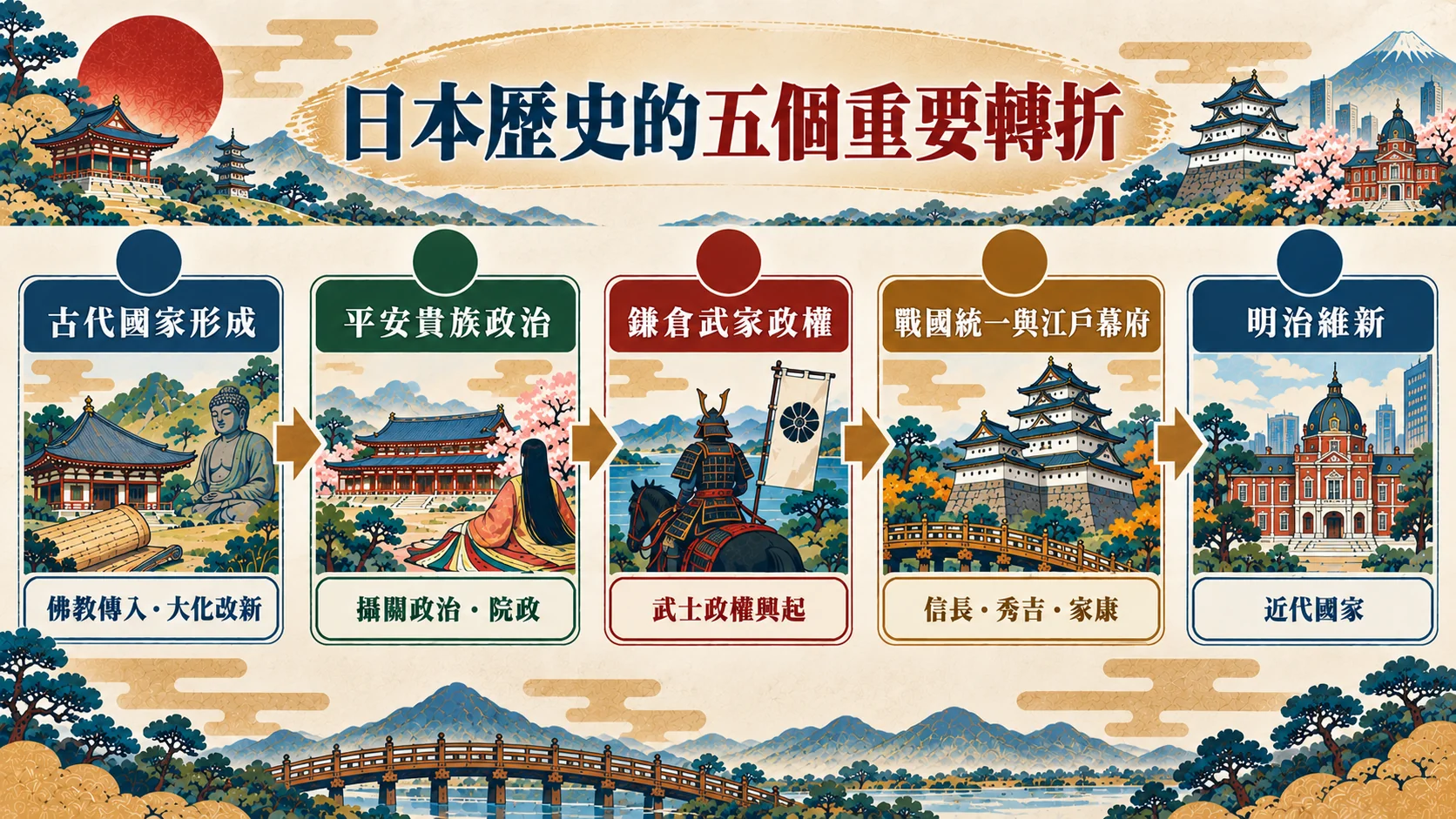 流程卡：日本歷史的五個重要轉折，從古代國家形成、平安貴族政治、鎌倉武家政權、戰國統一與江戶幕府到明治維新