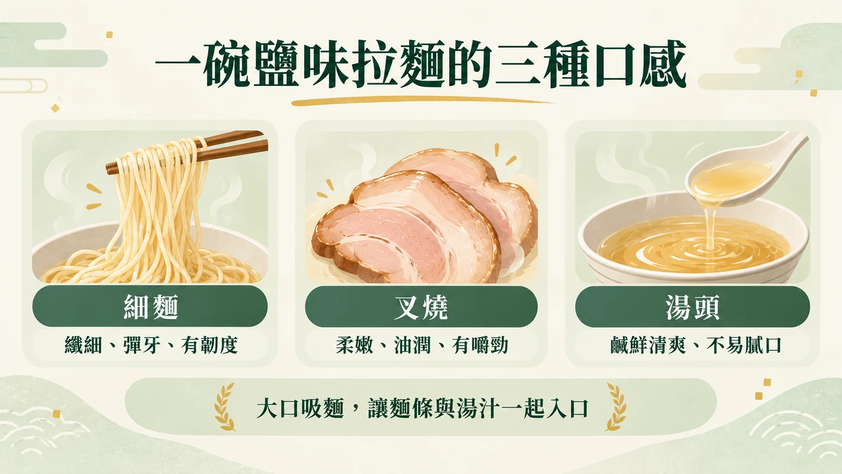 口感卡：細麵纖細彈牙有韌度、叉燒柔嫩油潤有嚼勁、湯頭鹹鮮清爽不易膩口