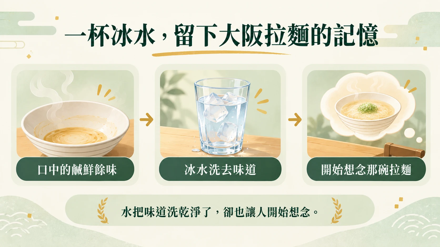 情緒整理卡:口中的鹹鮮餘味、冰水洗去味道、開始想念那碗拉麵