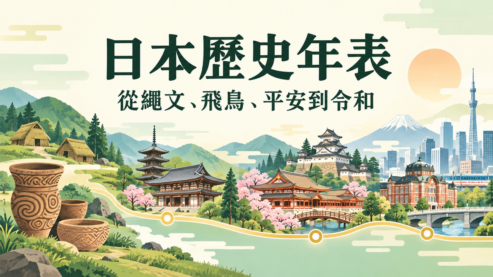 日本歷史年表特色圖：由左至右呈現繩文土器、古代寺院、武士城郭到近現代都市的歷史意象，標題為「日本歷史年表」「從繩文、飛鳥、平安到令和」