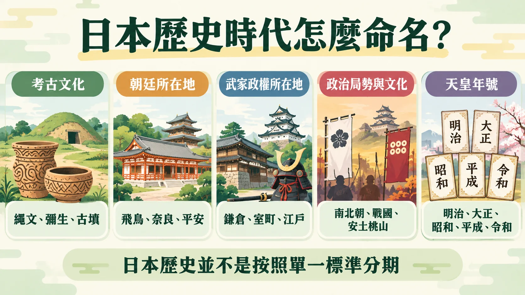 知識卡：日本歷史時代的五種命名來源，考古文化、朝廷所在地、武家政權所在地、政治局勢與文化、天皇年號，結論是日本歷史並不是按照單一標準分期