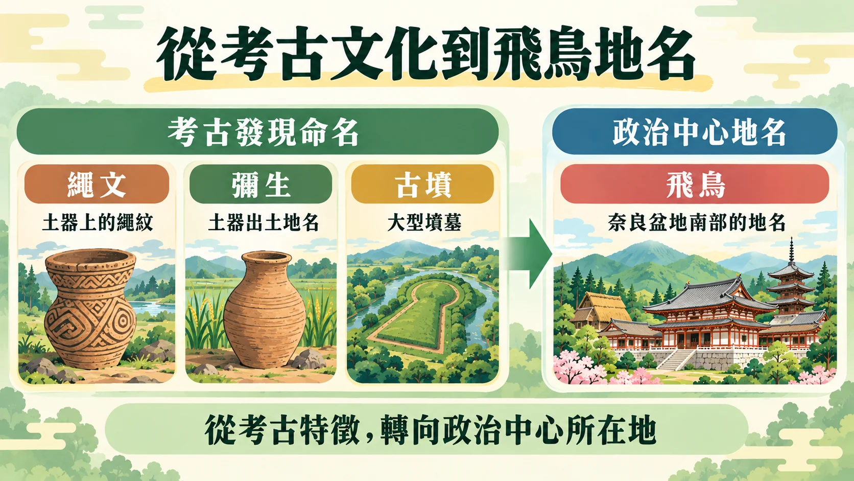 比較卡：繩文、彌生、古墳以考古發現命名，飛鳥則改以奈良盆地南部的政治中心地名命名