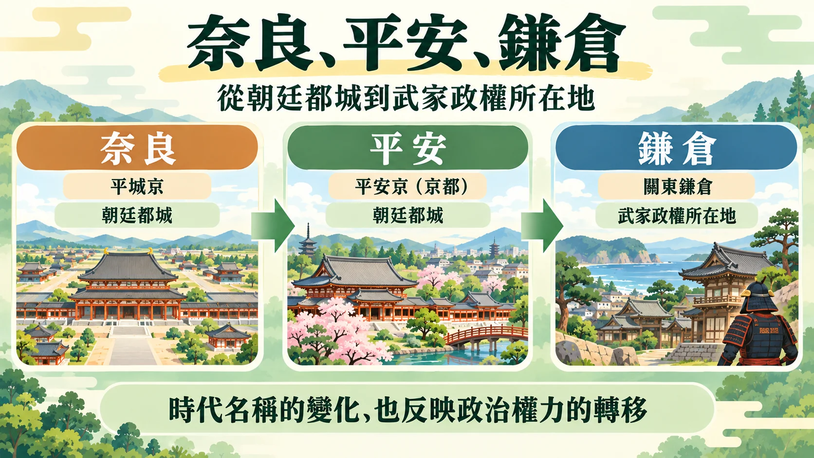 知識卡：奈良、平安以朝廷都城命名，鎌倉以關東武家政權所在地命名，反映政治權力的轉移