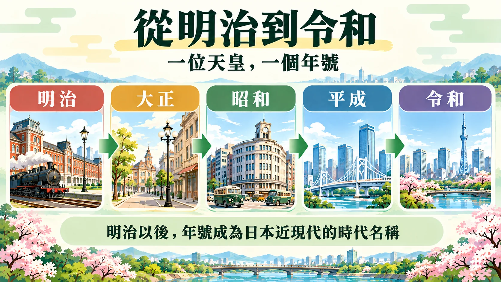 總結卡:明治、大正、昭和、平成、令和依序排列,明治以後年號成為日本近現代的時代名稱