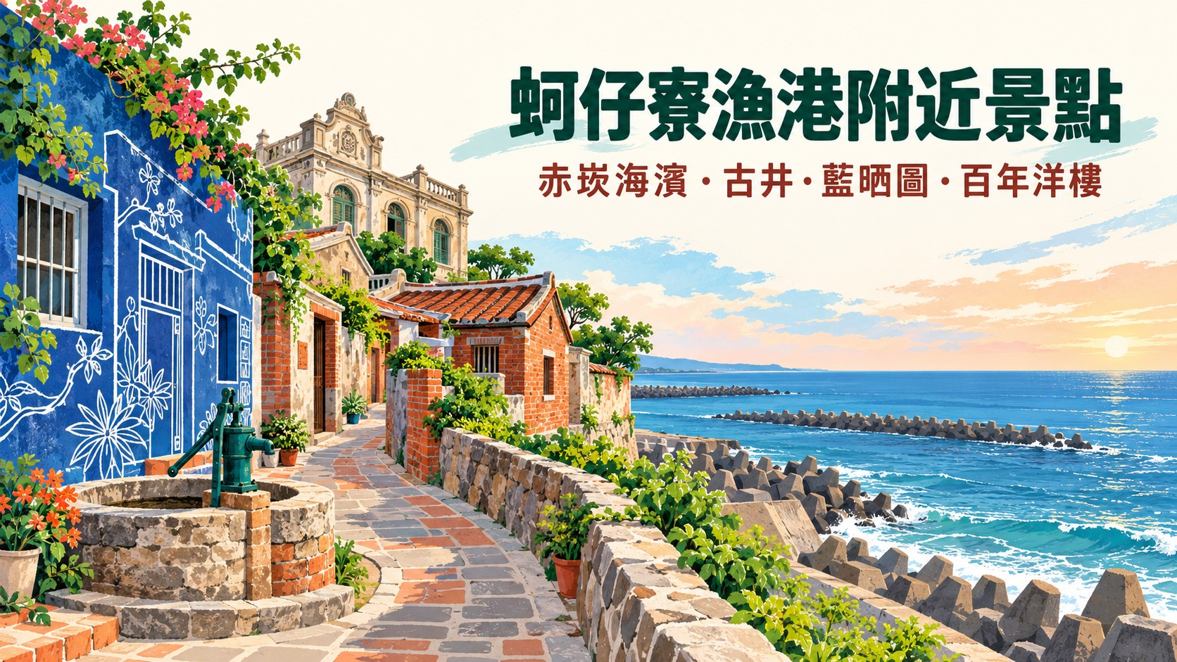 蚵仔寮漁港附近景點特色圖：彎曲石板巷、藍晒圖牆、古井、洋樓與面向臺灣海峽的消波塊海岸，標題為「蚵仔寮漁港附近景點」「赤崁海濱・古井・藍晒圖・百年洋樓」
