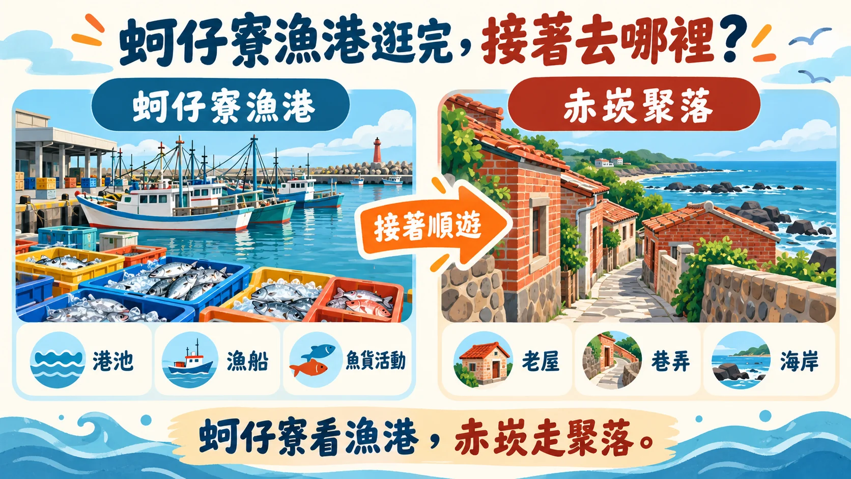 路線卡：蚵仔寮漁港以港池、漁船與魚貨活動為主，赤崁聚落以老屋、巷弄與海岸為主，中間以「接著順遊」連接