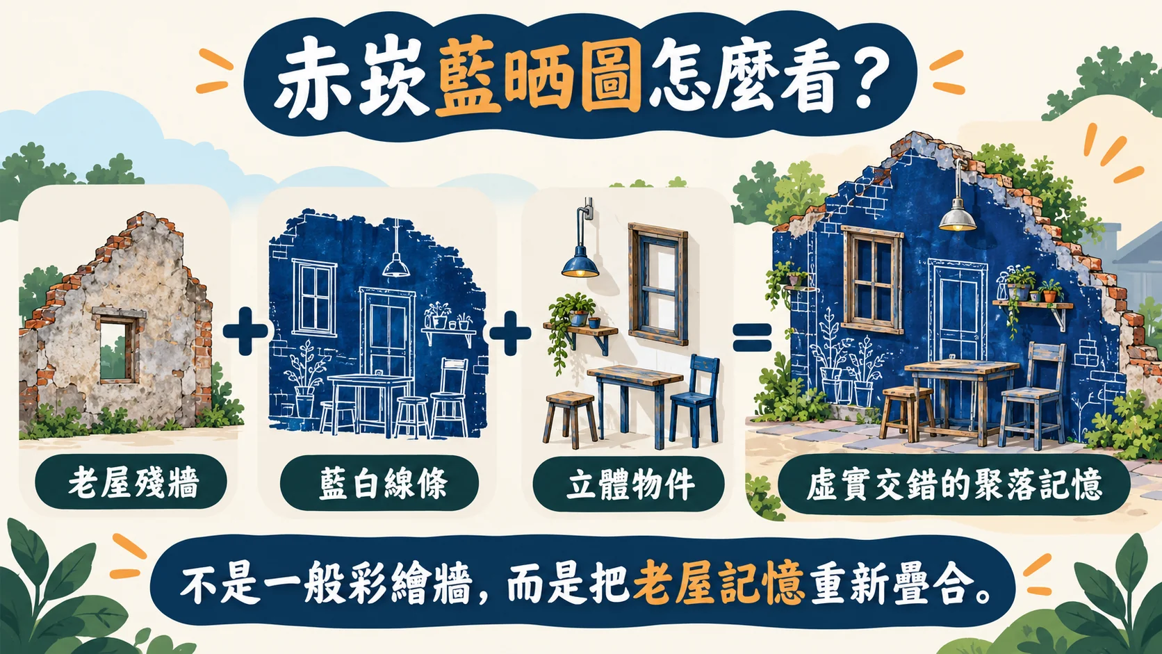 知識卡：赤崁藍晒圖由老屋殘牆、藍白線條與立體物件組合，呈現虛實交錯的聚落記憶
