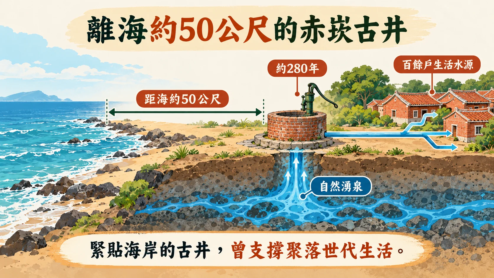知識卡：赤崁古井離海約50公尺，以自然湧泉供應聚落百餘戶生活用水