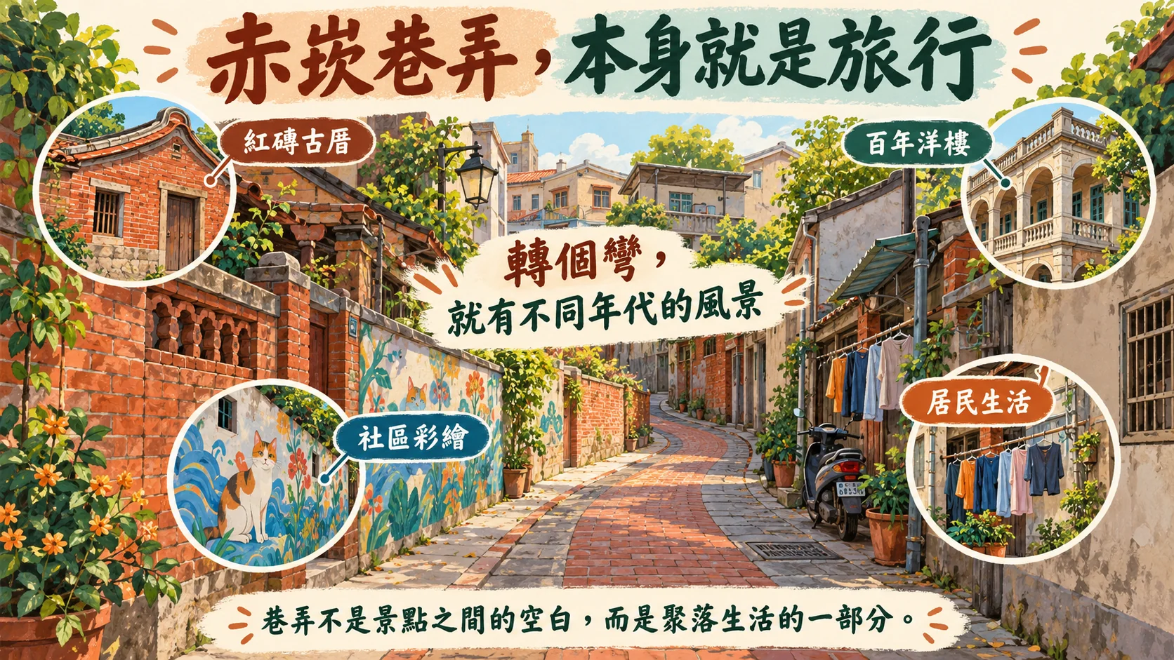 體驗整理卡：赤崁巷弄中的紅磚古厝、百年洋樓、社區彩繪與居民生活，轉個彎就有不同年代的風景