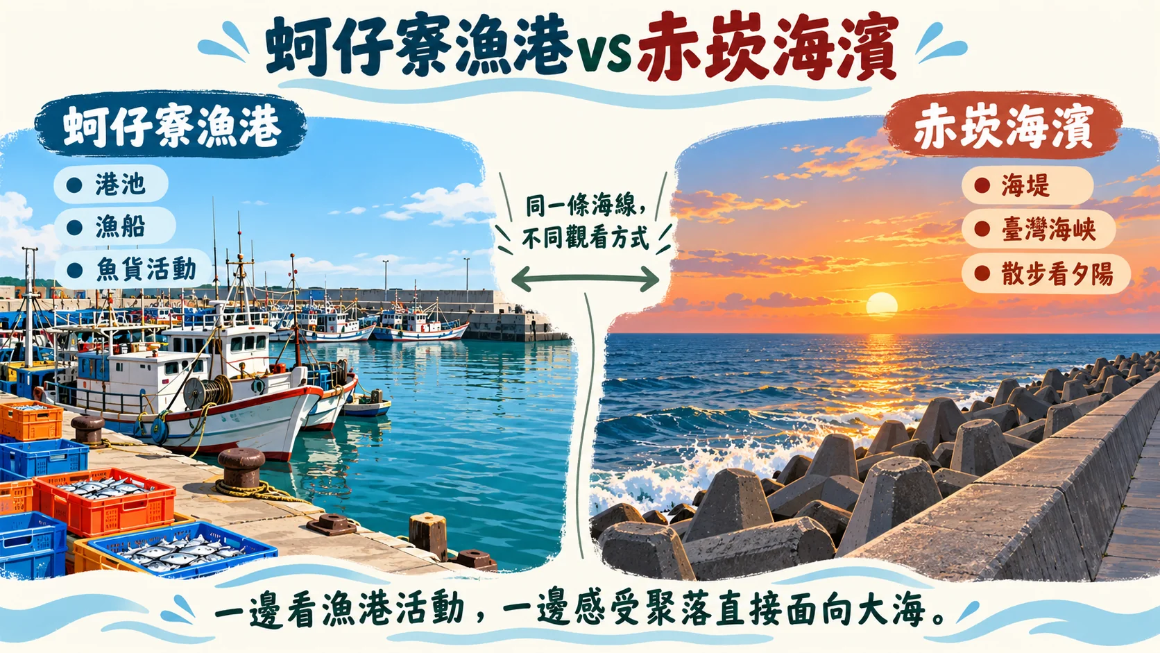 比較卡：蚵仔寮漁港以港池、漁船與魚貨活動為主，赤崁海濱直接面向臺灣海峽，有海堤、消波塊與夕陽