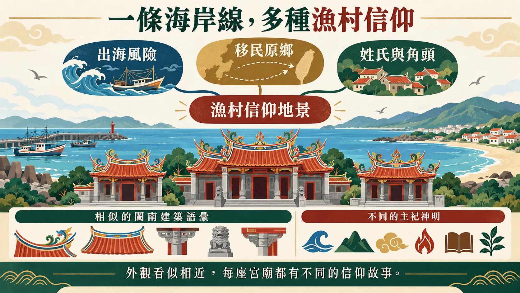 知識卡：漁村信仰地景由出海風險、移民原鄉與姓氏角頭形成，宮廟外觀相似但主祀神明不同