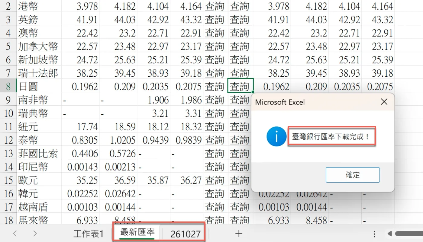 再次執行後Excel跳出「臺灣銀行匯率下載完成！」，工作表標籤只有最新匯率與261027，沒有261028