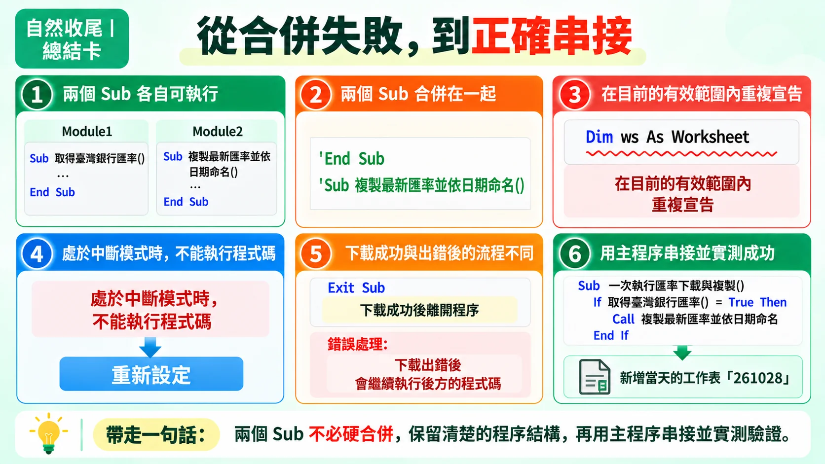 總結卡:從合併失敗到正確串接,兩個Sub不必硬合併,保留清楚的程序結構,再用主程序串接並實測驗證