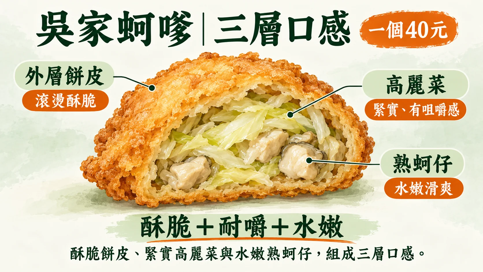 吳家蚵嗲口感結構卡：酥脆餅皮、緊實高麗菜與水嫩熟蚵仔組成三層口感，一個40元