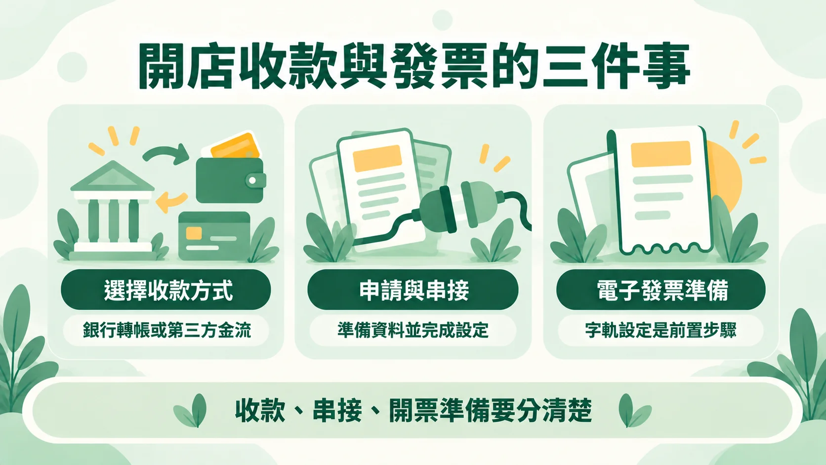 第六節示意圖：開店收款與發票的三件事，選擇收款方式、申請與串接、電子發票準備，其中字軌設定是前置步驟，收款、串接與開票準備要分清楚