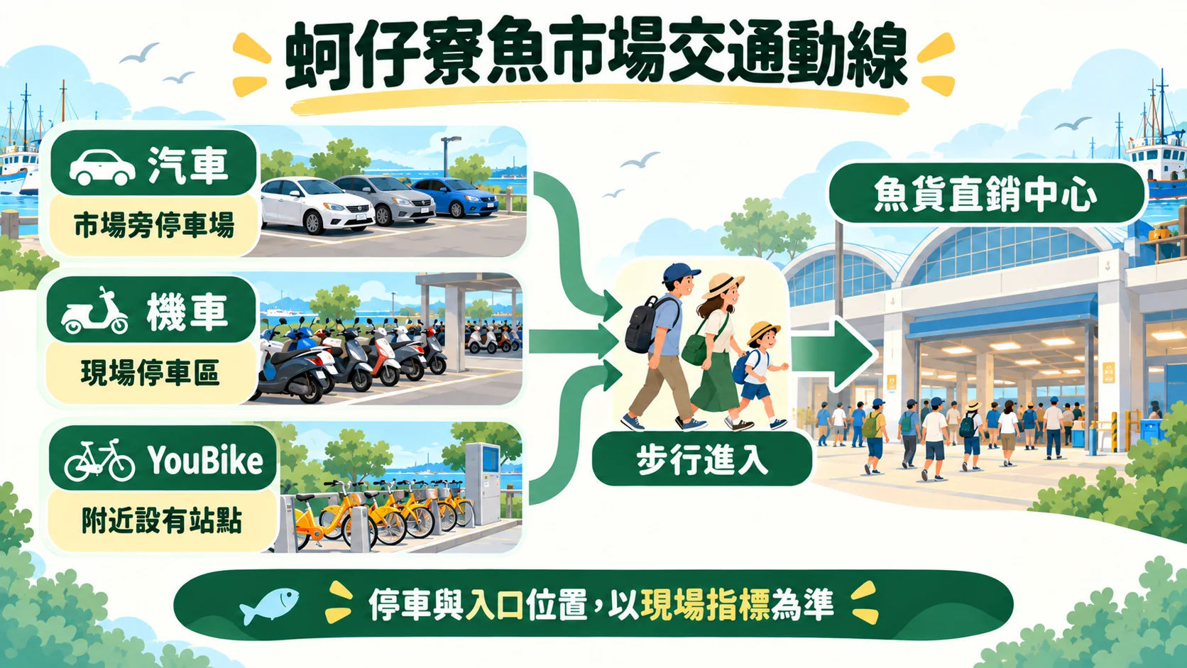 動線卡：汽車、機車與 YouBike 抵達後，步行進入魚貨直銷中心