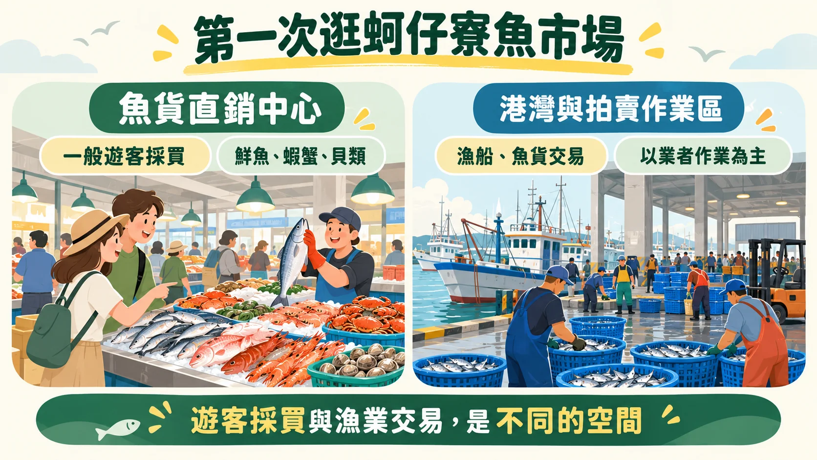 空間關係卡：魚貨直銷中心供一般遊客採買，港灣與拍賣作業區以業者作業為主，兩者是不同的空間