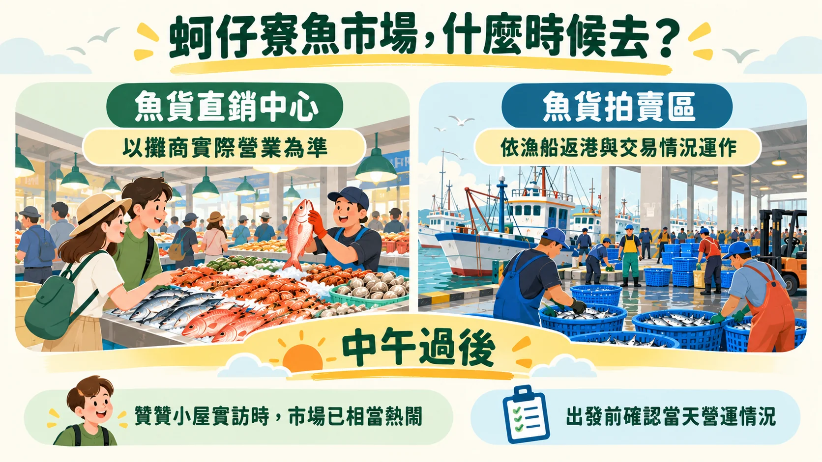 判斷卡：魚貨直銷中心以攤商實際營業為準，拍賣區依漁船返港與交易情況運作，中午過後可參考贊贊小屋實訪時段