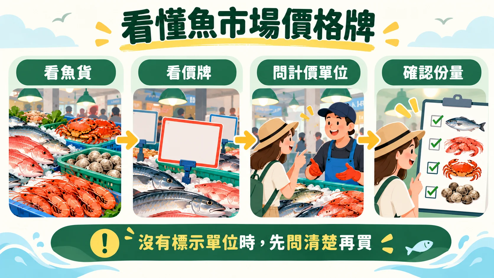 判斷卡：看魚貨、看價牌、問計價單位、確認份量，沒有標示單位時先問清楚再買