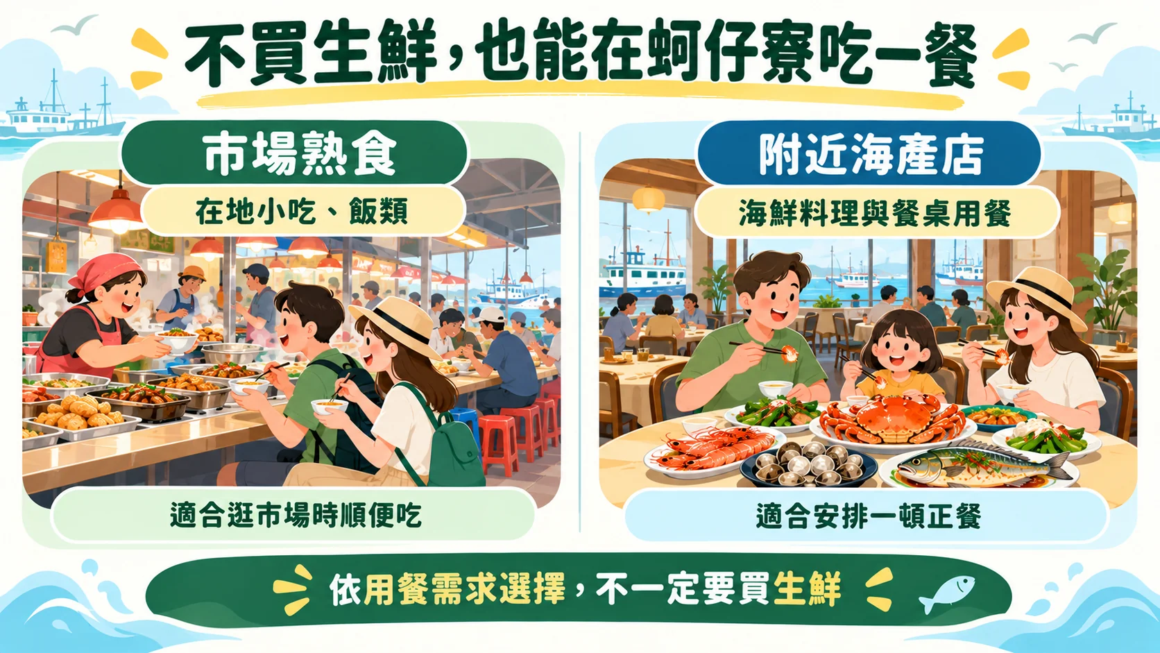 選擇卡：不買生鮮也能吃，市場熟食適合逛市場時順便吃，附近海產店適合安排一頓正餐
