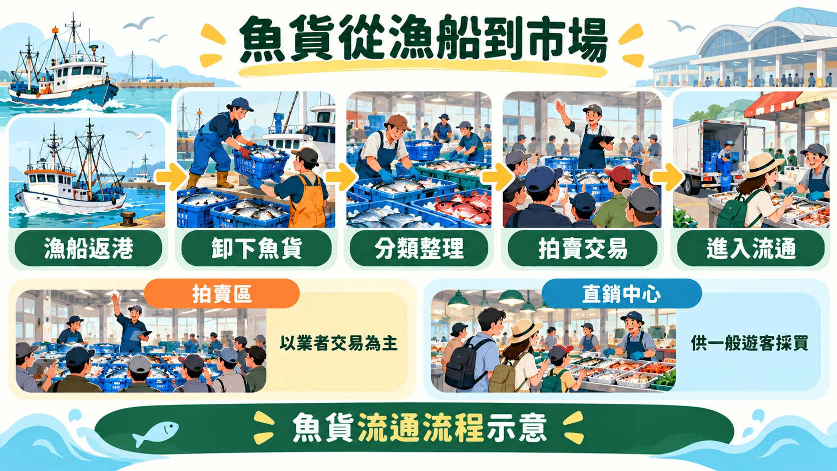 流程卡：魚貨從漁船返港、卸下魚貨、分類整理、拍賣交易到進入流通，並區分拍賣區與直銷中心