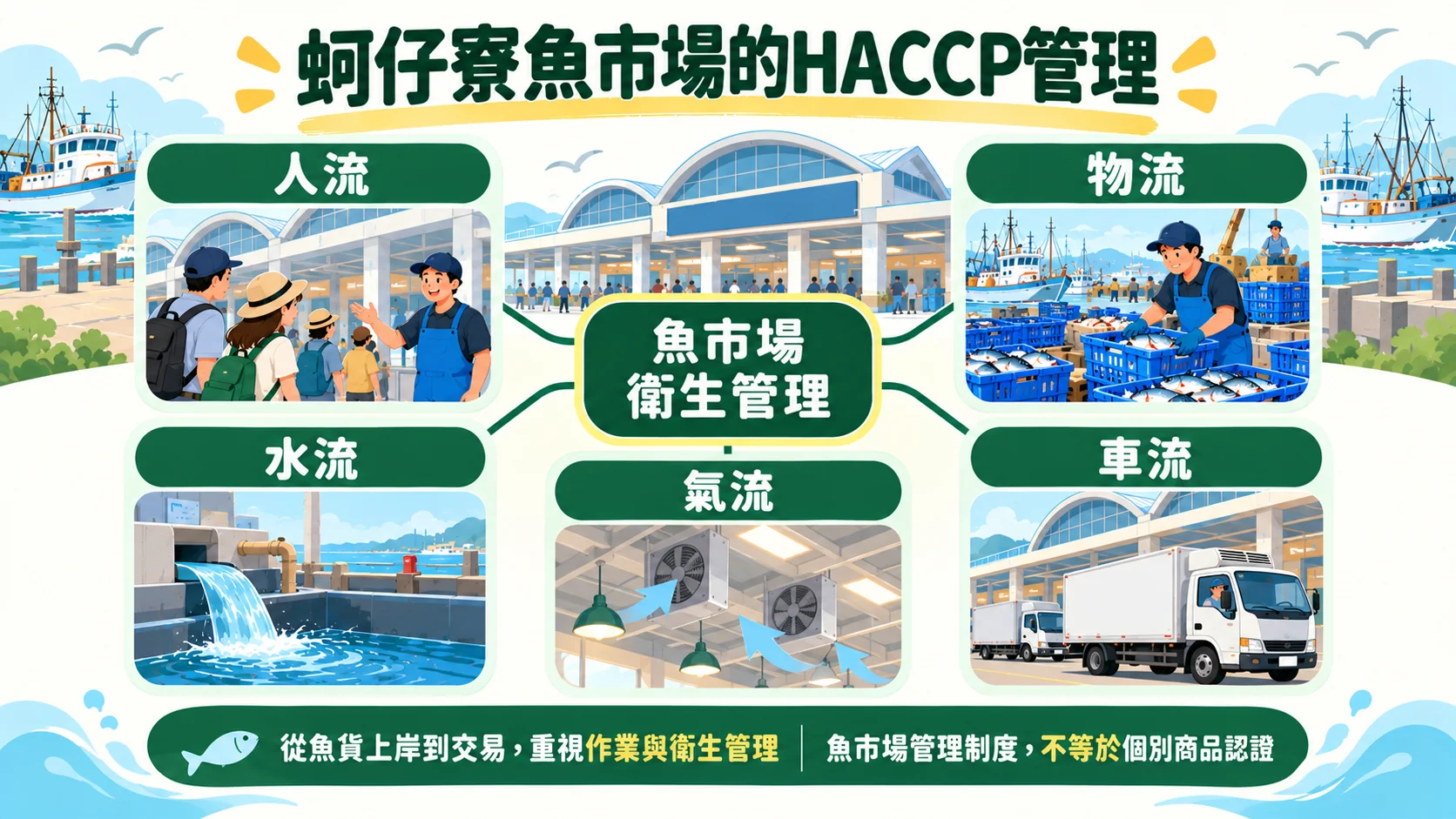 HACCP 管理卡：魚市場衛生管理包含人流、物流、水流、氣流與車流五個面向，管理制度不等於個別商品認證