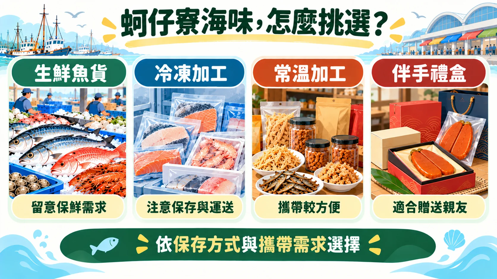 比較卡：蚵仔寮海味可依生鮮魚貨、冷凍加工、常溫加工與伴手禮盒的保存方式與攜帶需求選擇