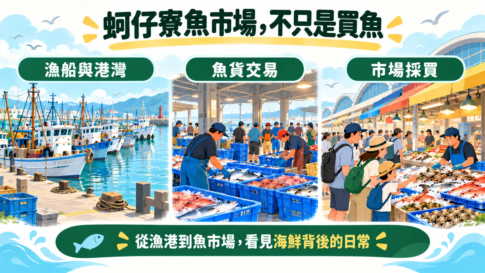 總結卡:蚵仔寮魚市場不只是買魚,從漁船與港灣、魚貨交易到市場採買,呈現漁港的日常